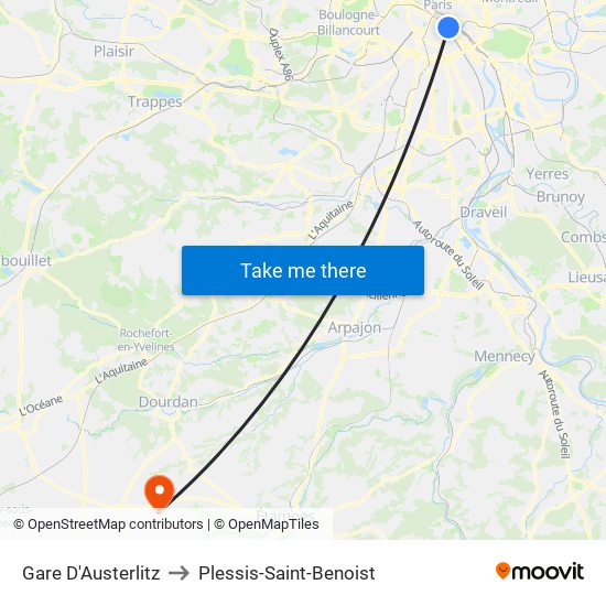 Gare D'Austerlitz to Plessis-Saint-Benoist map