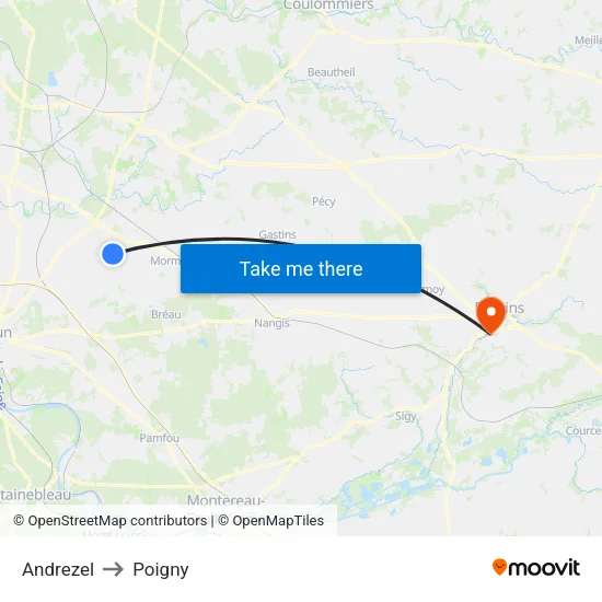 Andrezel to Poigny map