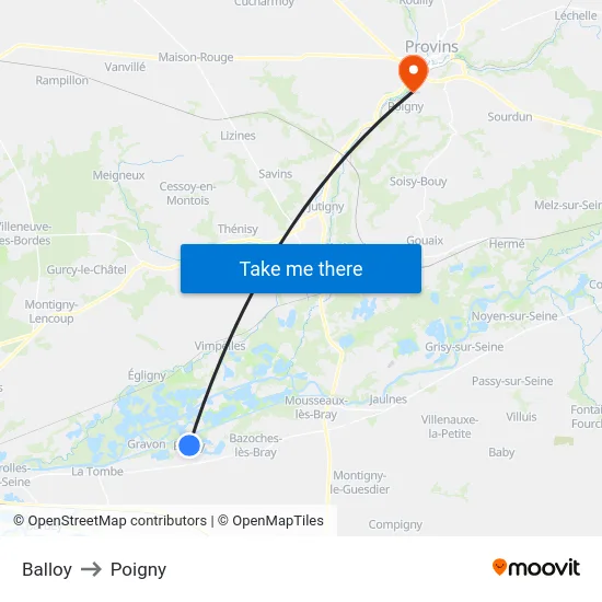 Balloy to Poigny map