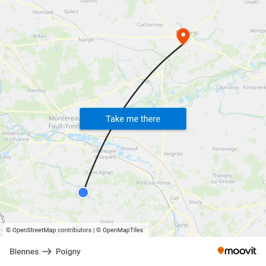 Blennes to Poigny map