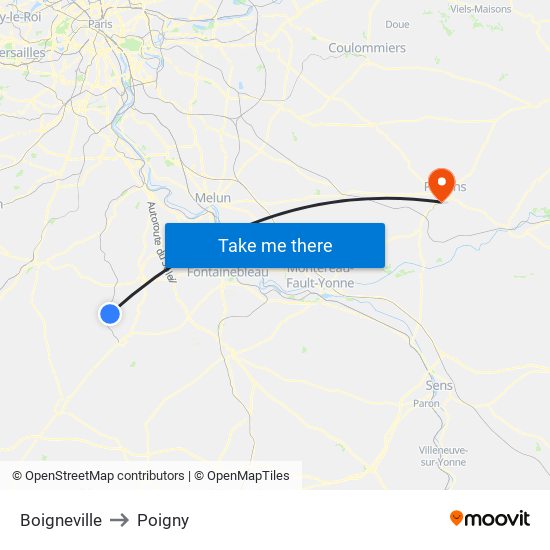 Boigneville to Poigny map