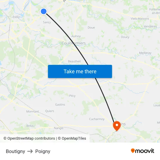Boutigny to Poigny map