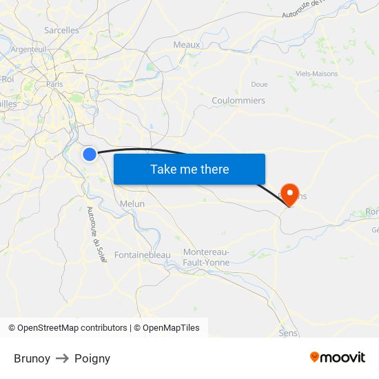 Brunoy to Poigny map