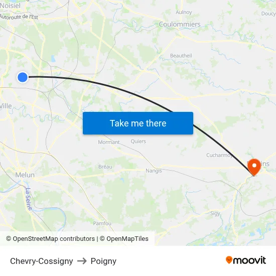 Chevry-Cossigny to Poigny map