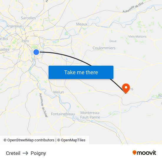 Creteil to Poigny map