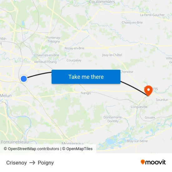 Crisenoy to Poigny map