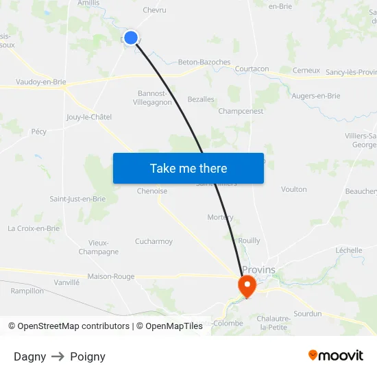 Dagny to Poigny map