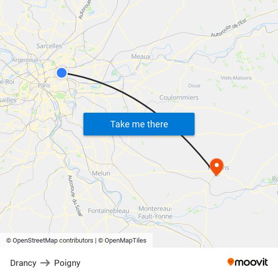 Drancy to Poigny map