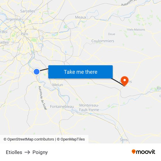 Etiolles to Poigny map