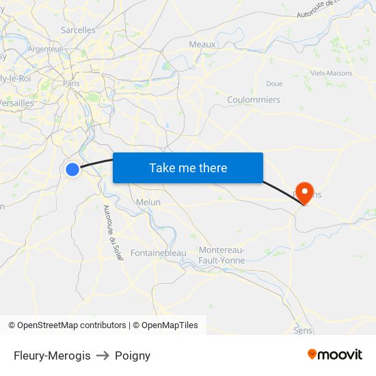 Fleury-Merogis to Poigny map