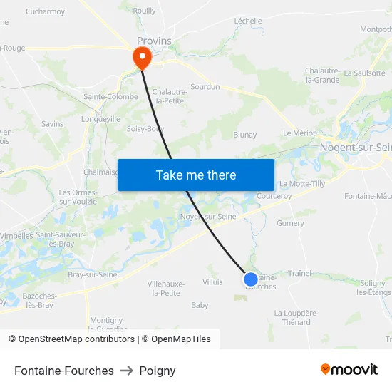 Fontaine-Fourches to Poigny map