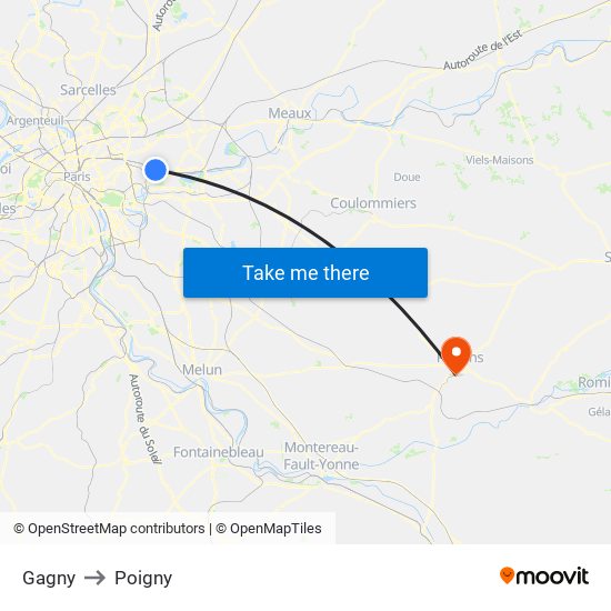 Gagny to Poigny map