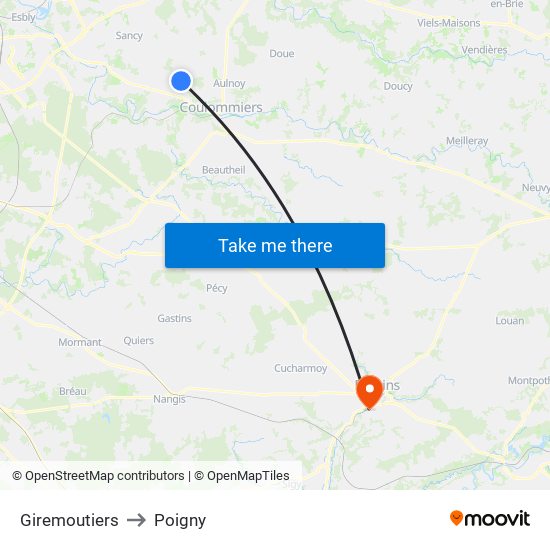 Giremoutiers to Poigny map