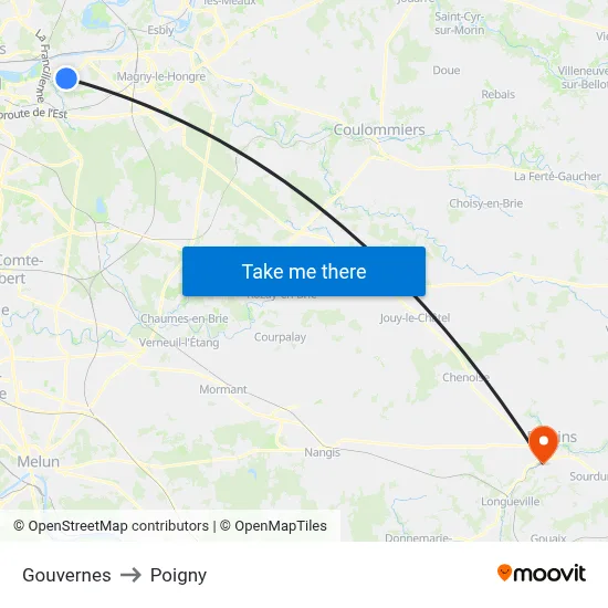 Gouvernes to Poigny map