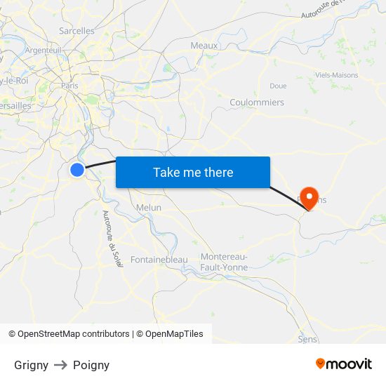 Grigny to Poigny map
