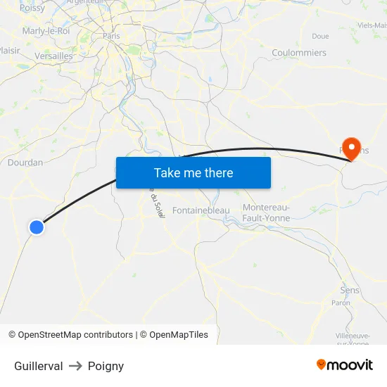 Guillerval to Poigny map