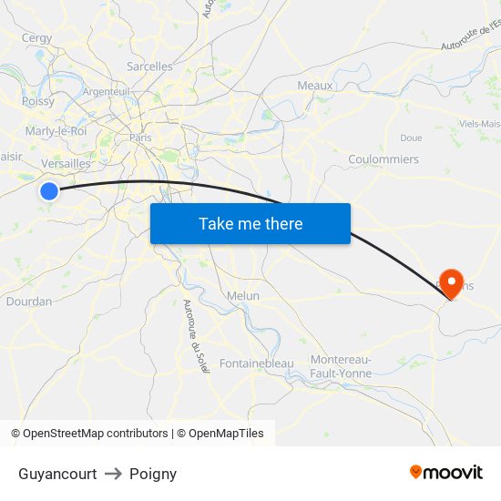 Guyancourt to Poigny map
