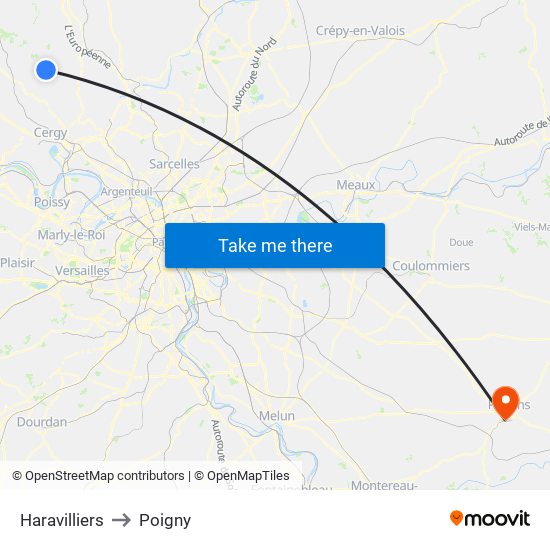Haravilliers to Poigny map
