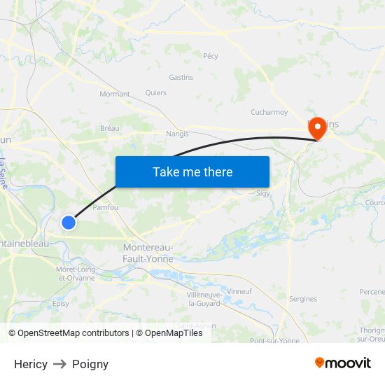 Hericy to Poigny map