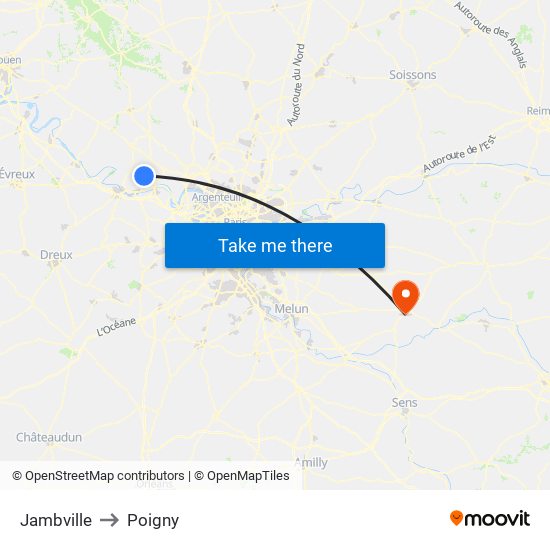 Jambville to Poigny map