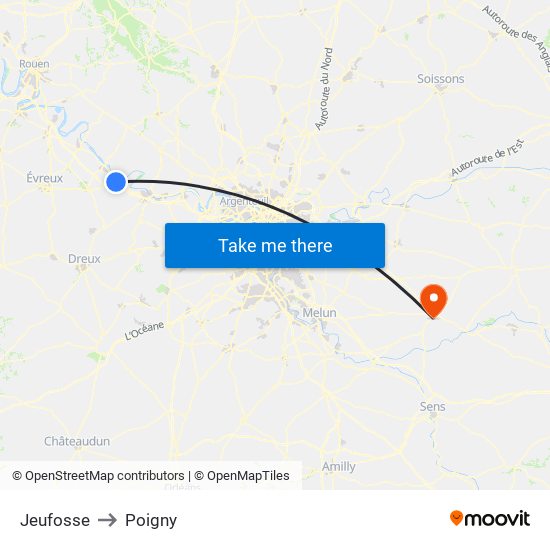 Jeufosse to Poigny map