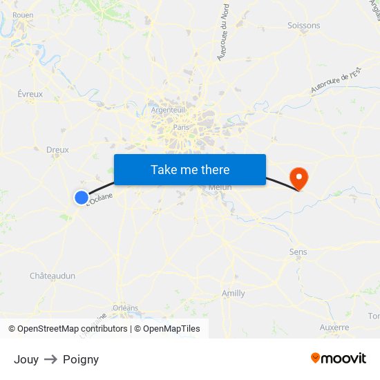 Jouy to Poigny map