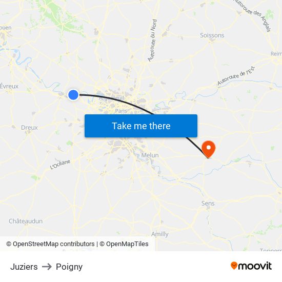 Juziers to Poigny map
