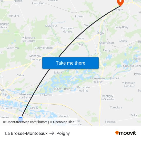 La Brosse-Montceaux to Poigny map
