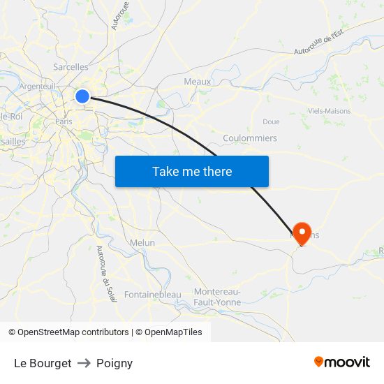 Le Bourget to Poigny map
