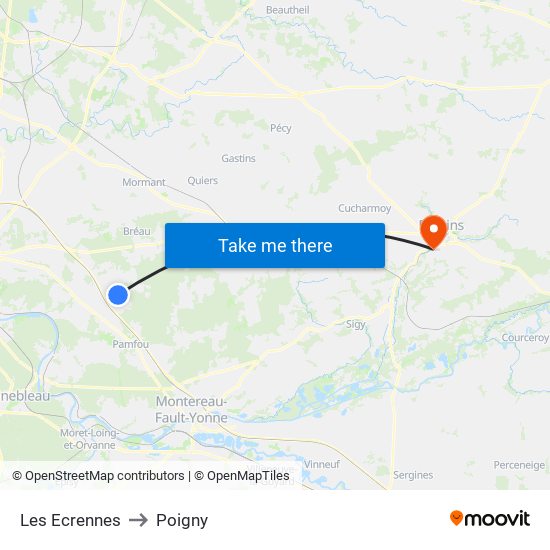 Les Ecrennes to Poigny map