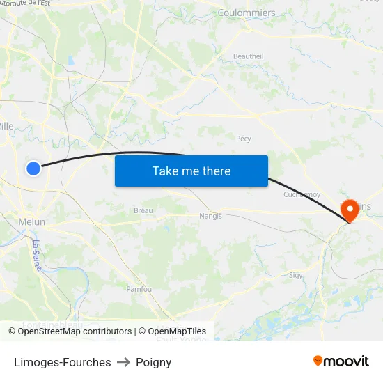 Limoges-Fourches to Poigny map