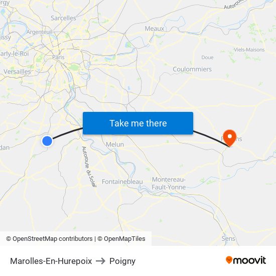 Marolles-En-Hurepoix to Poigny map