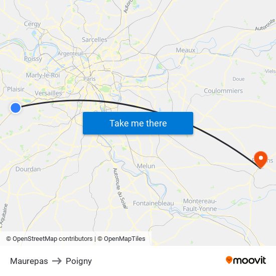 Maurepas to Poigny map