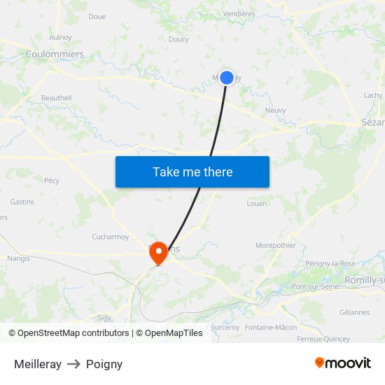 Meilleray to Poigny map