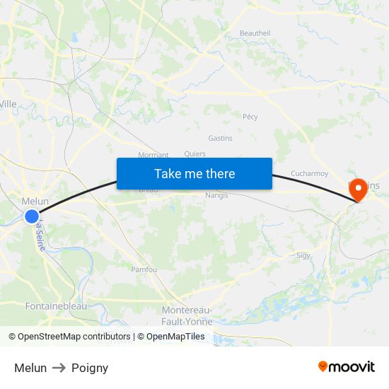 Melun to Poigny map