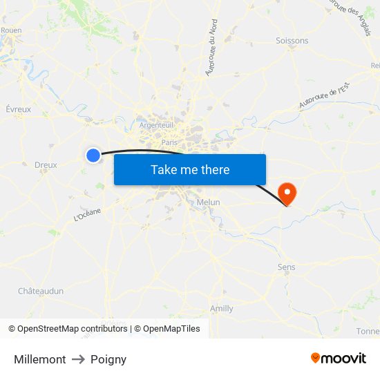 Millemont to Poigny map