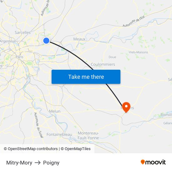 Mitry-Mory to Poigny map