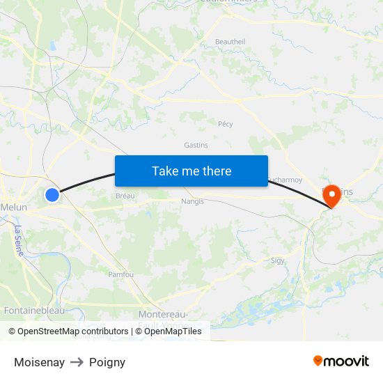 Moisenay to Poigny map