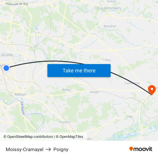 Moissy-Cramayel to Poigny map