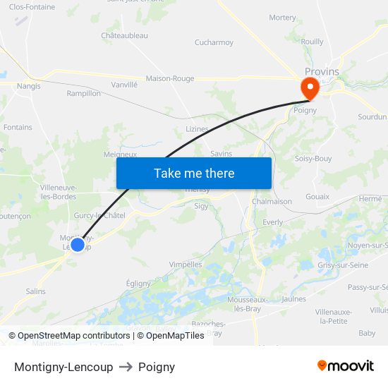 Montigny-Lencoup to Poigny map