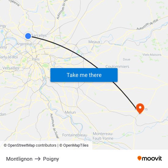Montlignon to Poigny map