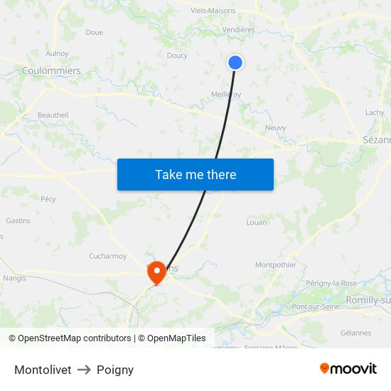 Montolivet to Poigny map