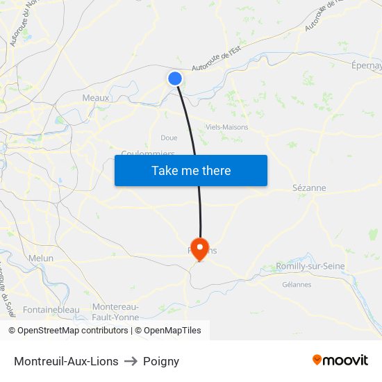 Montreuil-Aux-Lions to Poigny map