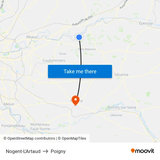 Nogent-L'Artaud to Poigny map
