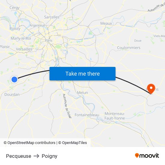 Pecqueuse to Poigny map