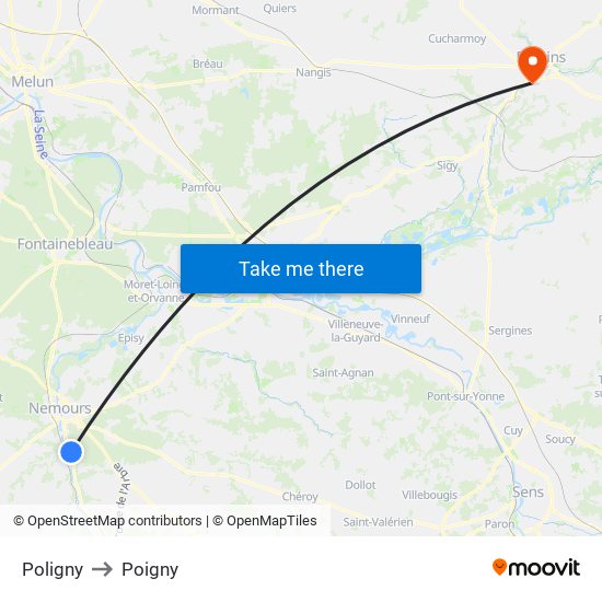 Poligny to Poigny map