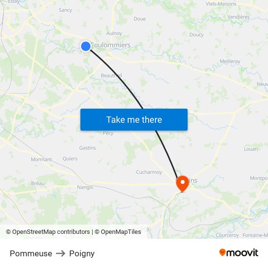 Pommeuse to Poigny map