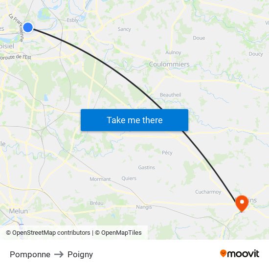Pomponne to Poigny map