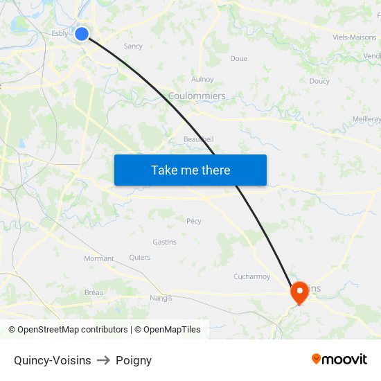 Quincy-Voisins to Poigny map
