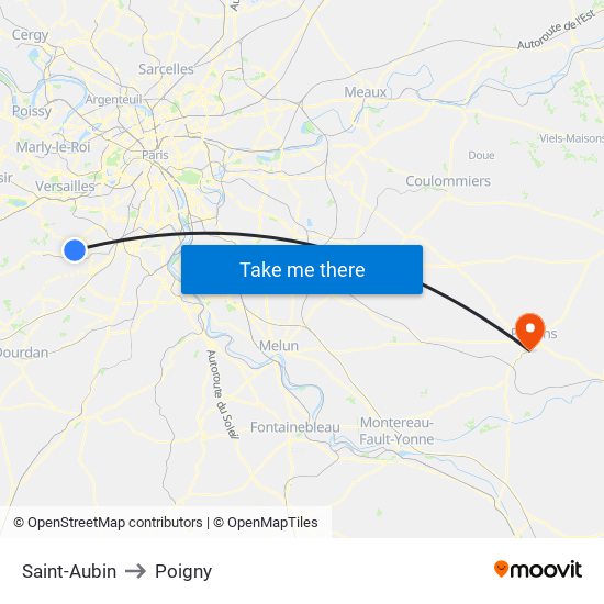 Saint-Aubin to Poigny map